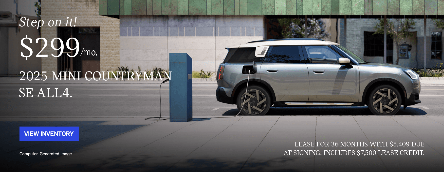 MINI Countryman SE charging in front of green wall.