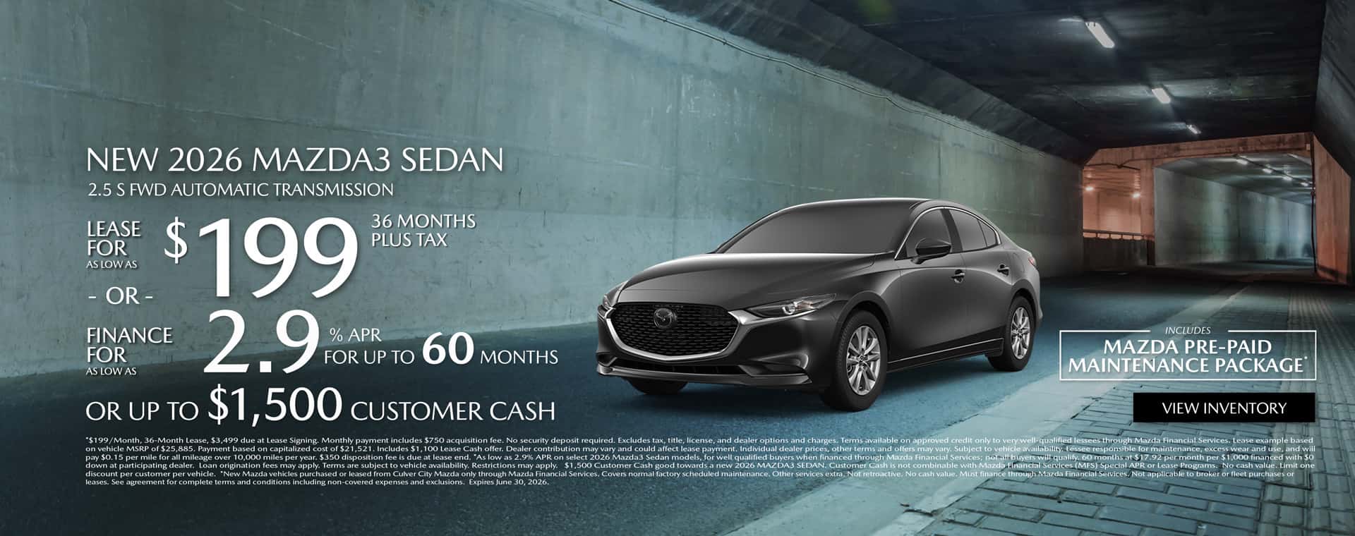 Image saying that there are special lease offers on the Mazda3 Sedan at Culver City Mazda