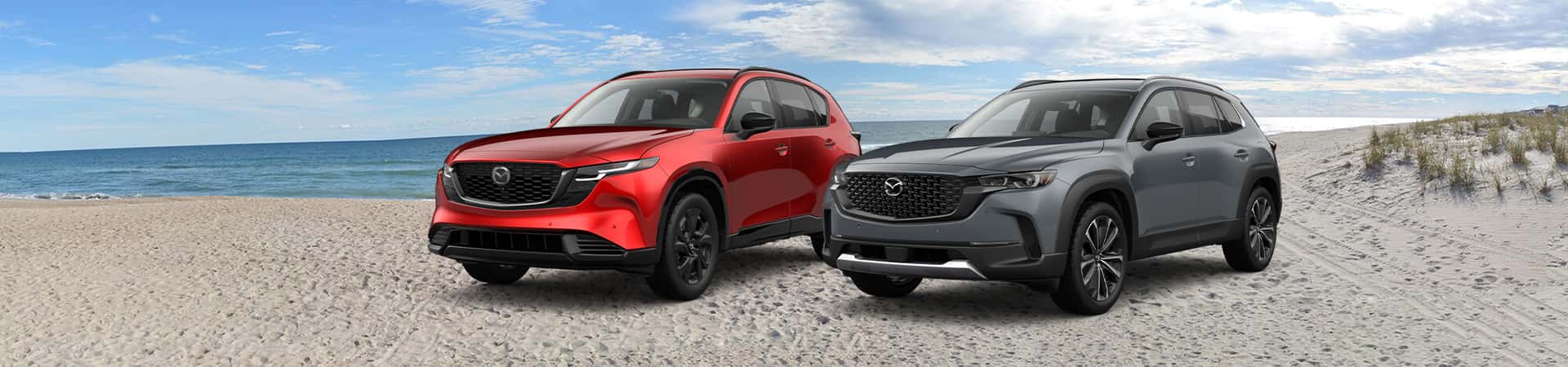 Image showing a CX-5 and a CX-50 Mazda model at Culver City Mazda. Which one is right for me