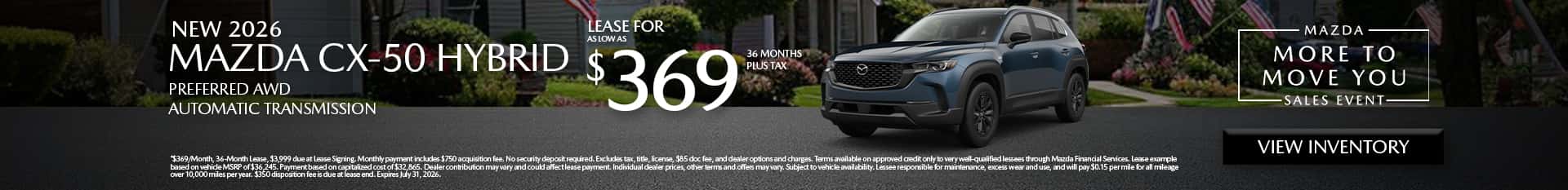 Image saying that there are special lease offers on the Mazda CX-50 Hybrid at Culver City Mazda