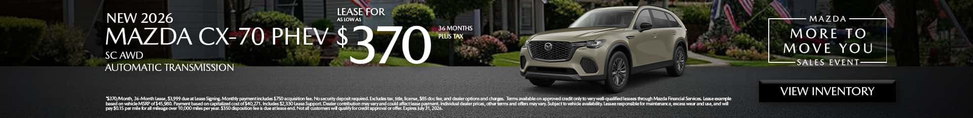Image saying that there are special lease offers on the Mazda CX-70 PHEV at Culver City Mazda