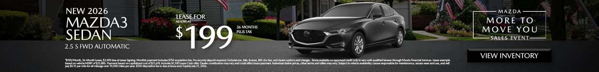 Image saying that there are special lease offers on the Mazda3 Sedan at Culver City Mazda