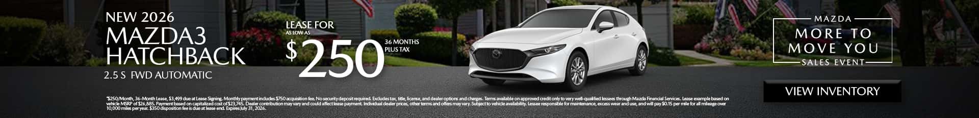 Image saying that there are special lease offers on the Mazda3 Hatchback at Culver City Mazda