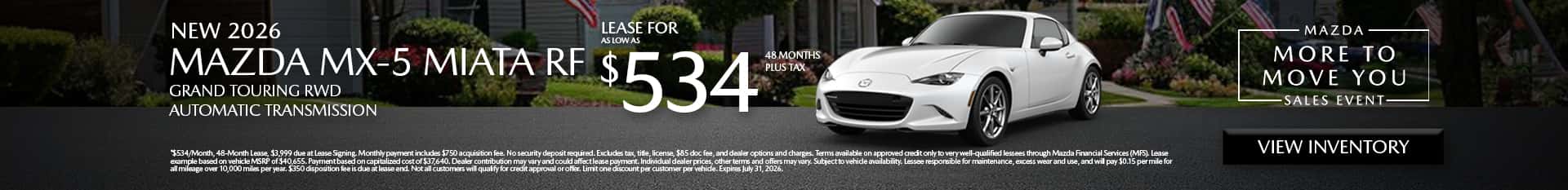 Image saying that there are special lease offers on the Mazda MX-5 Miata RF at Culver City Mazda