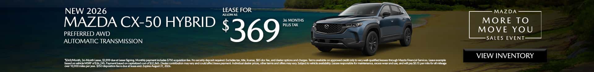 Image saying that there are special lease offers on the Mazda CX-50 Hybrid at Culver City Mazda