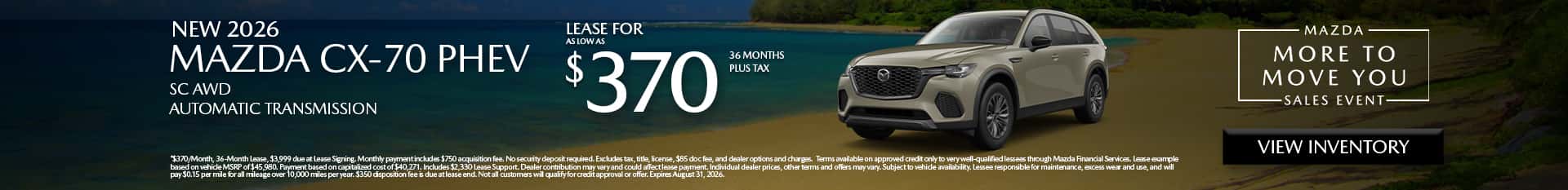 Image saying that there are special lease offers on the Mazda CX-70 PHEV at Culver City Mazda
