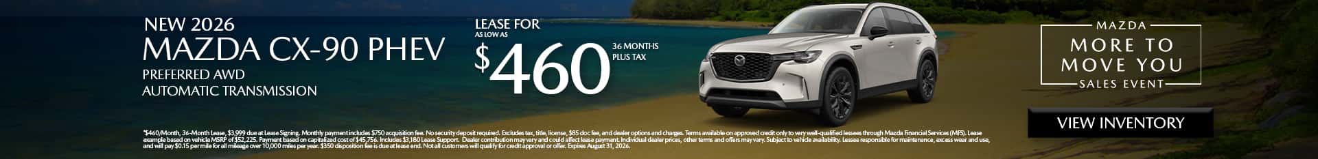 Image saying that there are special lease offers on the Mazda CX-90 PHEV at Culver City Mazda