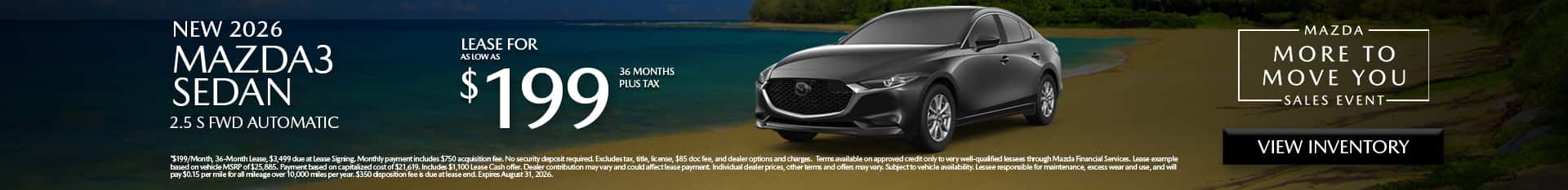 Image saying that there are special lease offers on the Mazda3 Sedan at Culver City Mazda