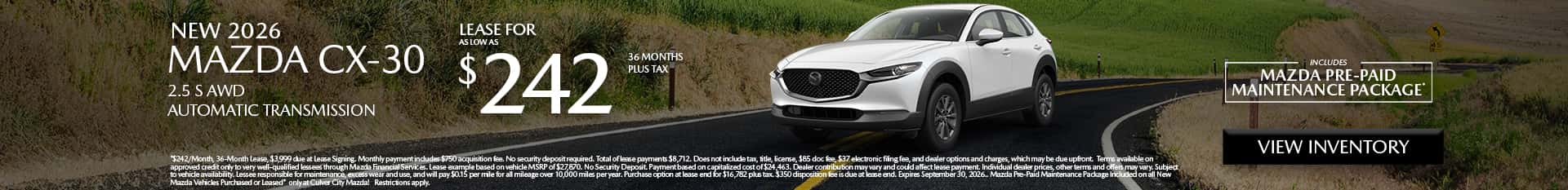 Image saying that there are special lease offers on the Mazda CX-30 at Culver City Mazda