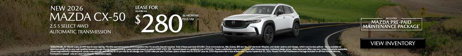 Image saying that there are special lease offers on the Mazda CX-50 at Culver City Mazda