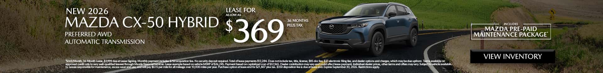 Image saying that there are special lease offers on the Mazda CX-50 Hybrid at Culver City Mazda