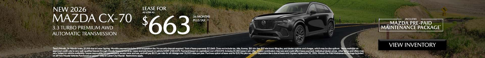 Image saying that there are special lease offers on the Mazda CX-70 at Culver City Mazda