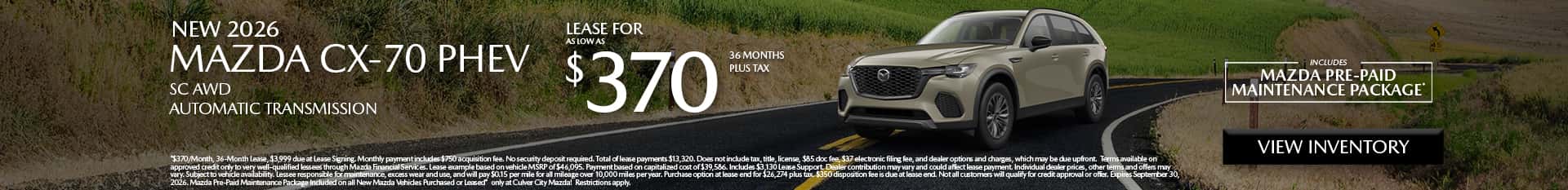 Image saying that there are special lease offers on the Mazda CX-70 PHEV at Culver City Mazda