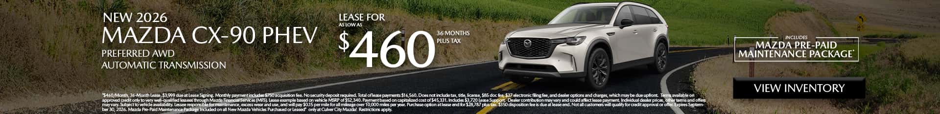 Image saying that there are special lease offers on the Mazda CX-90 PHEV at Culver City Mazda