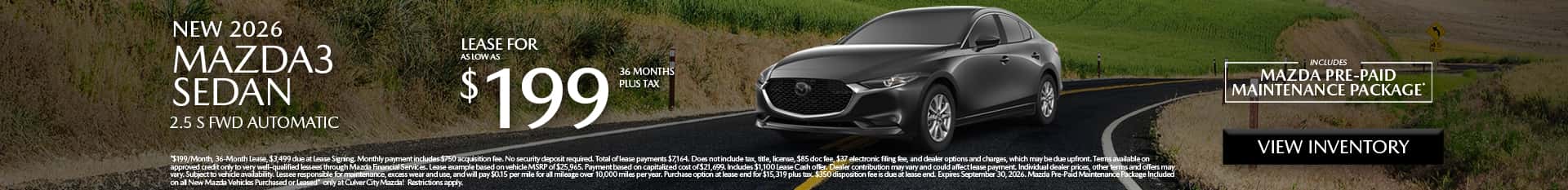 Image saying that there are special lease offers on the Mazda3 Sedan at Culver City Mazda