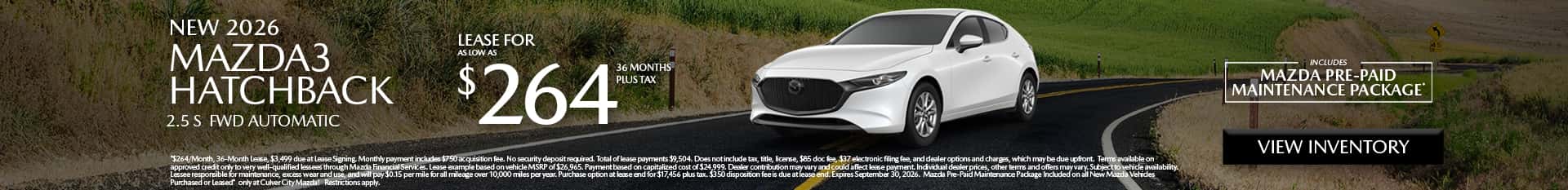 Image saying that there are special lease offers on the Mazda3 Hatchback at Culver City Mazda