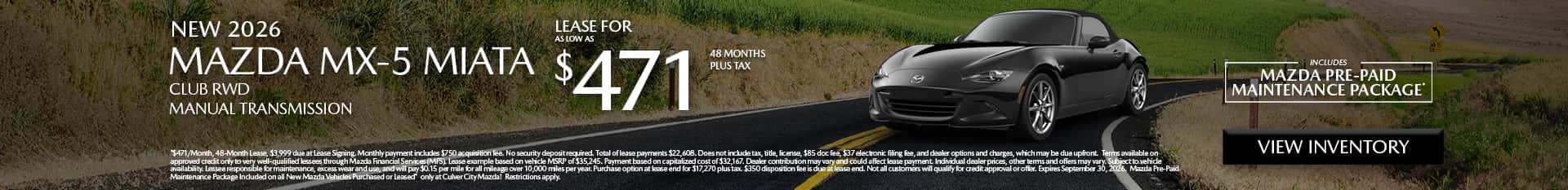 Image saying that there are special lease offers on the Mazda MX-5 Miata at Culver City Mazda
