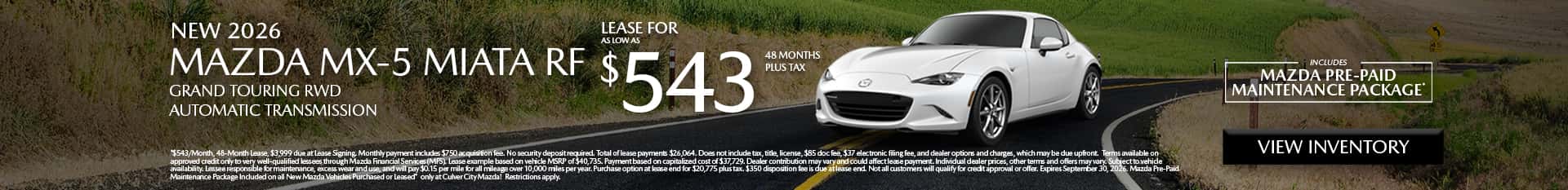 Image saying that there are special lease offers on the Mazda MX-5 Miata RF at Culver City Mazda
