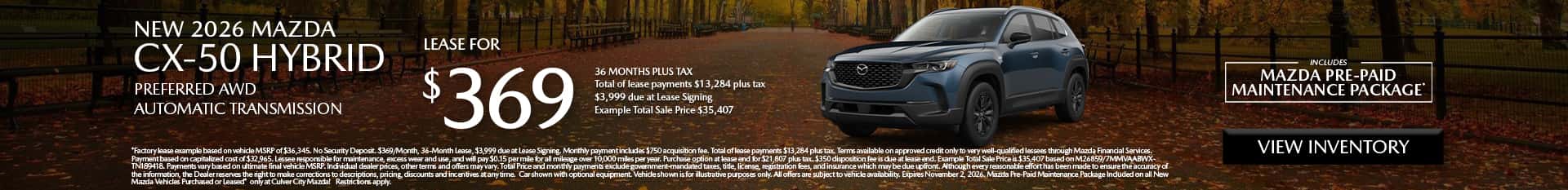 Image saying that there are special lease offers on the Mazda CX-50 Hybrid at Culver City Mazda