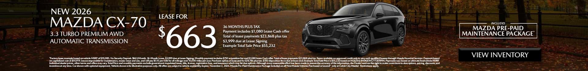 Image saying that there are special lease offers on the Mazda CX-70 at Culver City Mazda