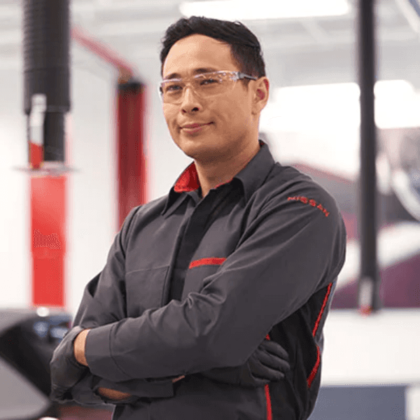 Nissan Alignment and Suspension Inspection Factory-trained Nissan technician inspecting a vehicle for alignment and suspension concerns