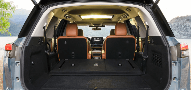 2026 Nissan Pathfinder cargo area with rear seats folded