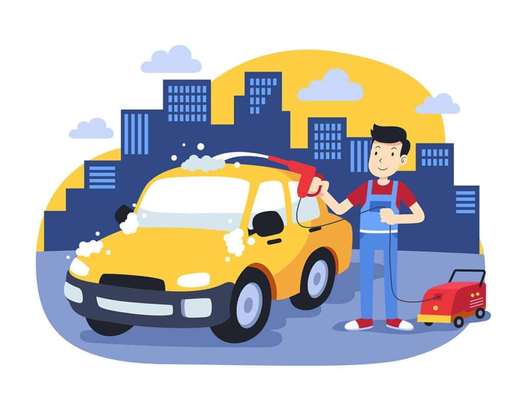Tips for spring cleaning your car at Delaney Hyundai of Indiana in Indiana, PA | Illustrations of a man cleaning his car with a water hose