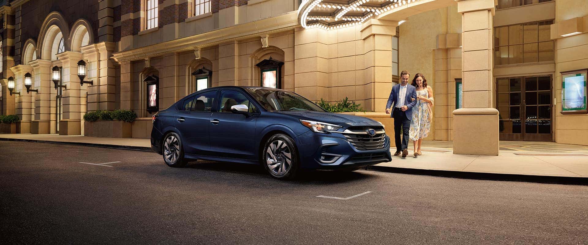 2025 Subaru Legacy at Delaney Subaru in Indiana, PA | Blue Subaru Legacy Street Parked Next to Movie Theater