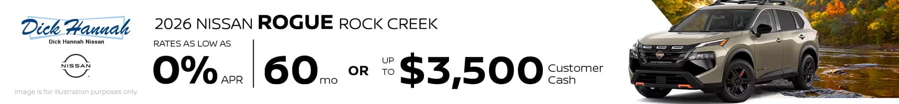 2026 Nissan Rogue Rock Creek 0% APR financing for up to 60 months OR up to $3,500 Customer Cash