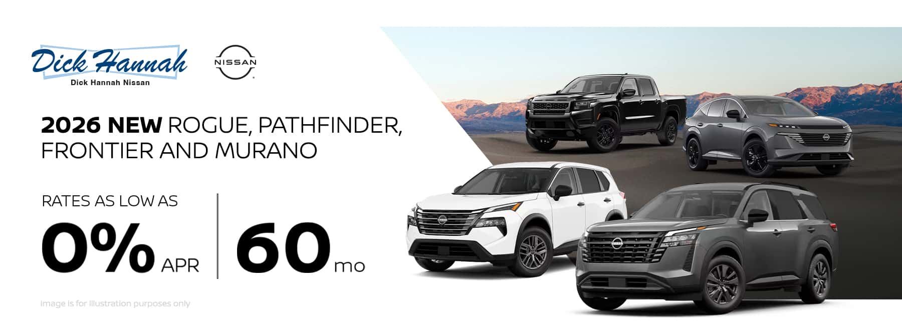 0% APR financing for up to 60 months on new 2026 Rogue, Pathfinder, Frontier, and Murano models