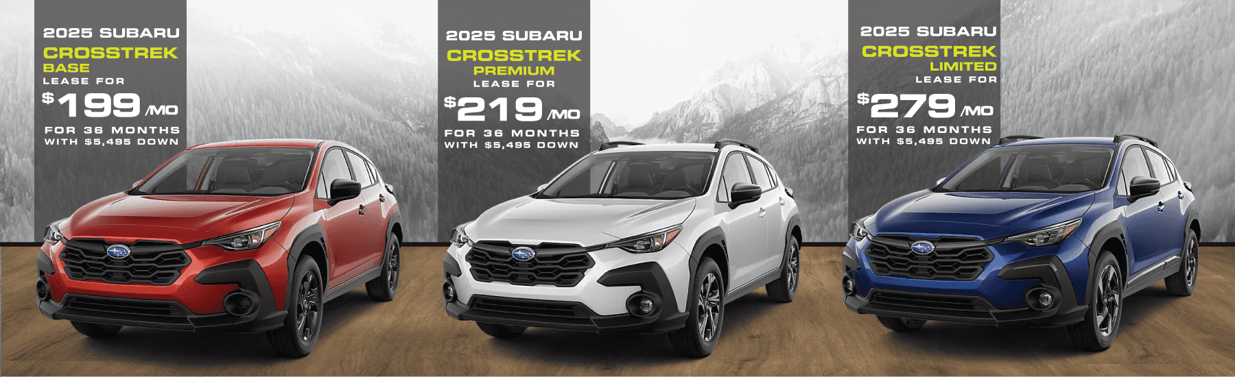 2025 Subaru Crosstrek lease promotion featuring three trim levels: Base ( 199 / m o n t h ) , P r e m i u m ( 199/month),Premium(219/month), and Limited ( 279 / m o n t h ) , e a c h f o r 36 m o n t h s w i t h 279/month),eachfor36monthswith5,495 due at signing. The ad includes the taglines 'GOOD,' 'BETTER,' and 'BEST' aligned with each trim level, emphasizing the vehicle's model name prominently.
