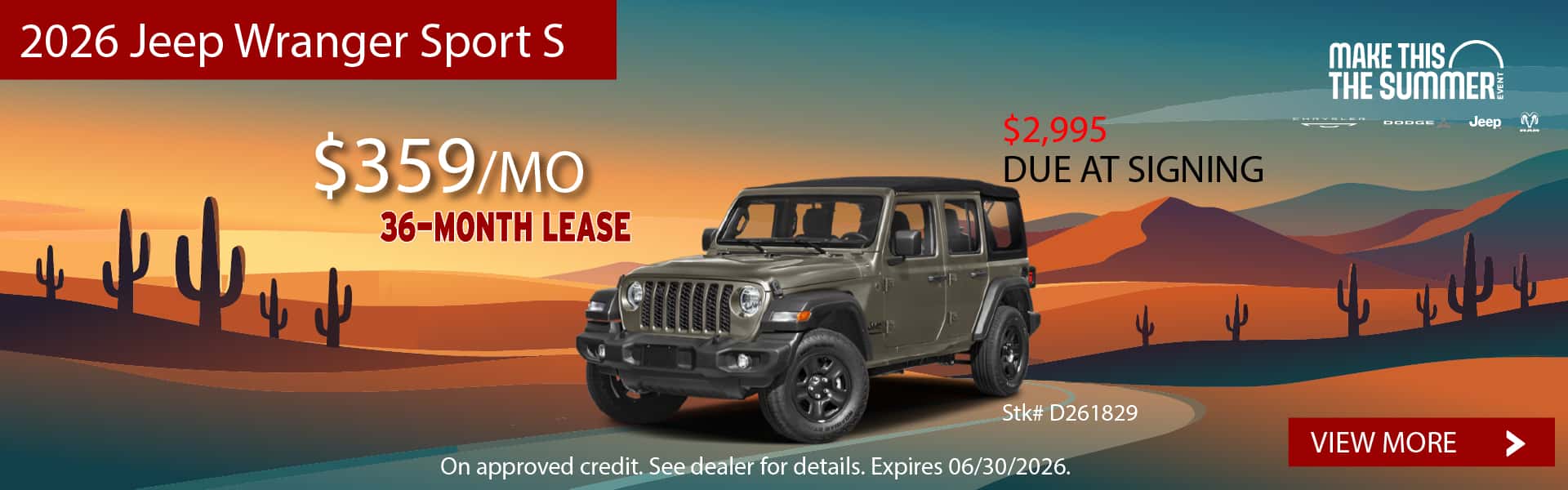 2026 Jeep Wrangler Sport S lease offer at Earnhardt CDJR