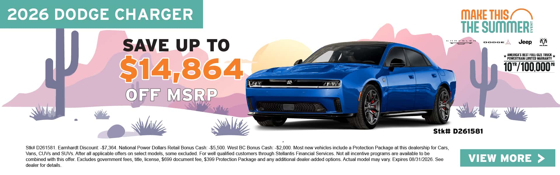 Save up to $14,864 off MSRP on the 2026 Dodge Charger featuring stock number D261581.