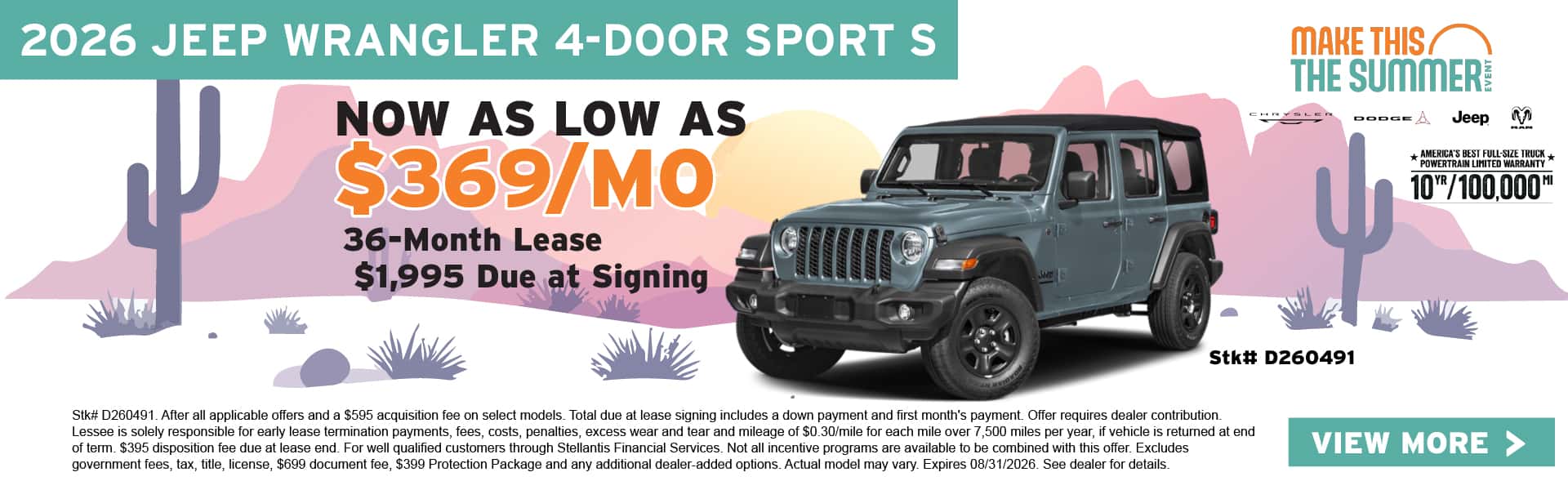 Lease the 2026 Jeep Wrangler 4-Door Sport S for as low as $369 per month for 36 months with $1,995 due at signing