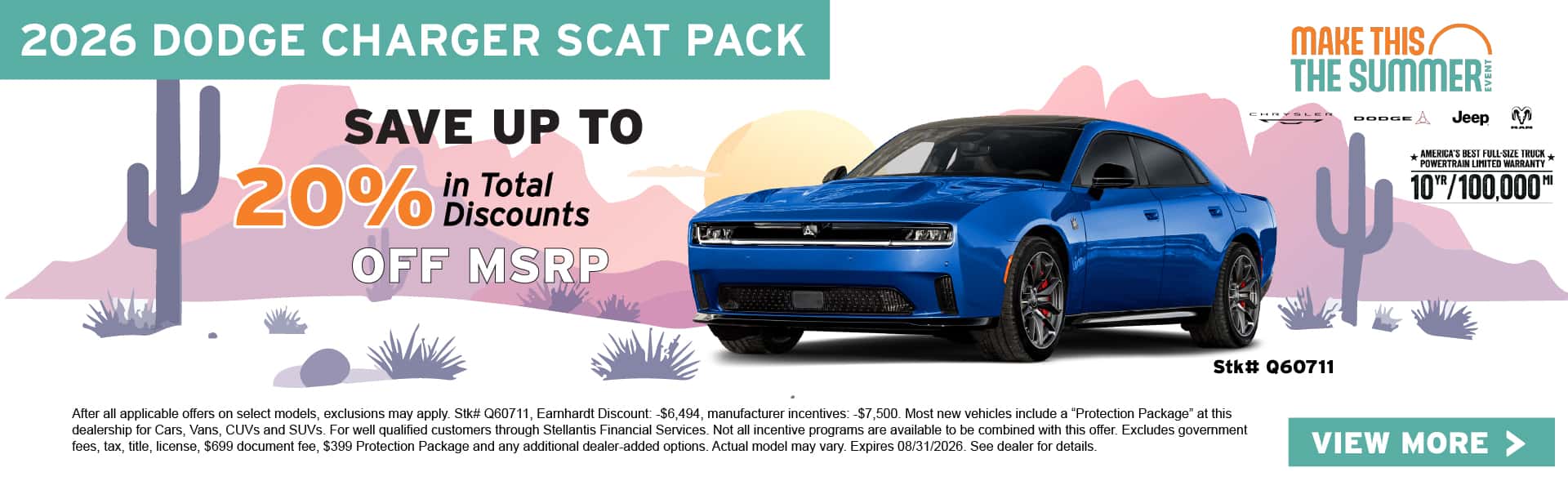 Save up to 20% in total discounts off MSRP on the 2026 Dodge Charger Scat Pack featuring stock number Q60711