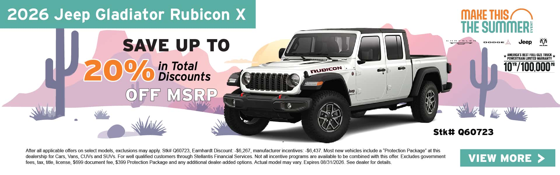 Save up to 20% in total discounts off MSRP on the 2026 Jeep Gladiator Rubicon X featuring stock number Q60723.