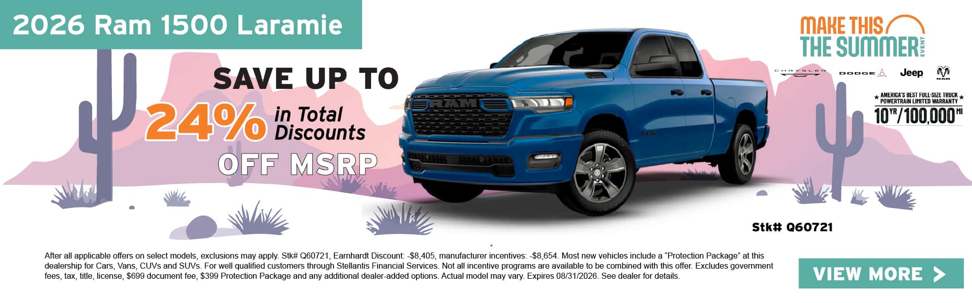 Save up to 24% in total discounts off MSRP on the 2026 Ram 1500 Laramie featuring stock number Q60721.