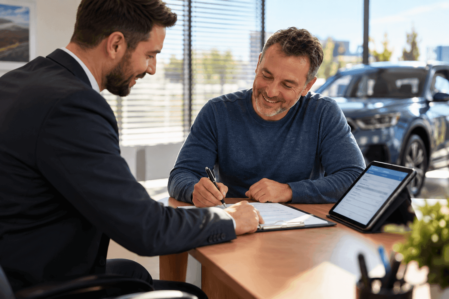 Finance manager and customer completing a vehicle credit application at a dealership desk
