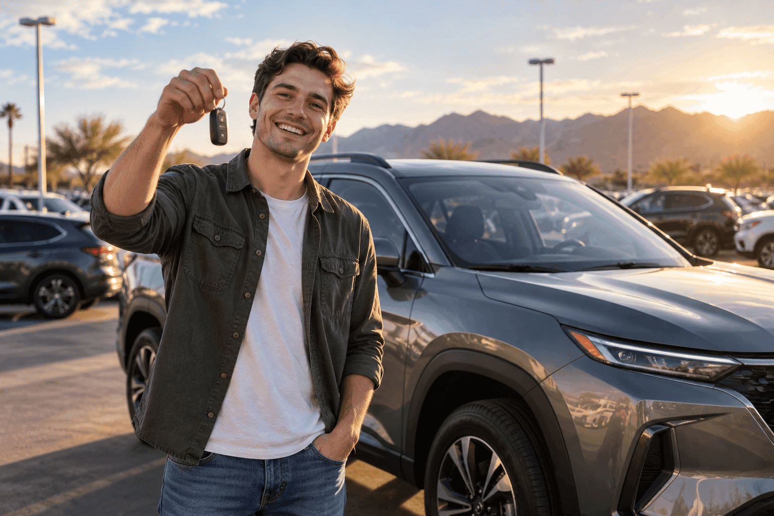 First-time buyer receiving the keys to a new vehicle outside the dealership
