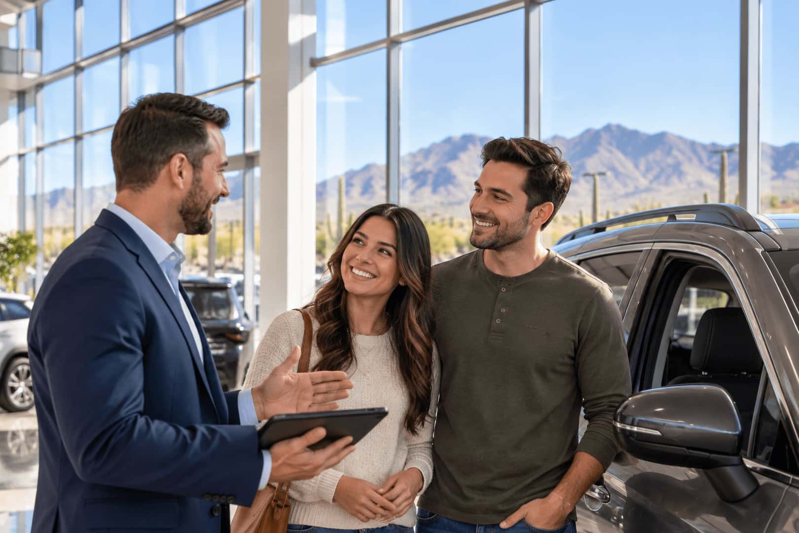 Sales consultant reviewing financing options with a couple inside the Earnhardt Queen Creek CDJR showroom