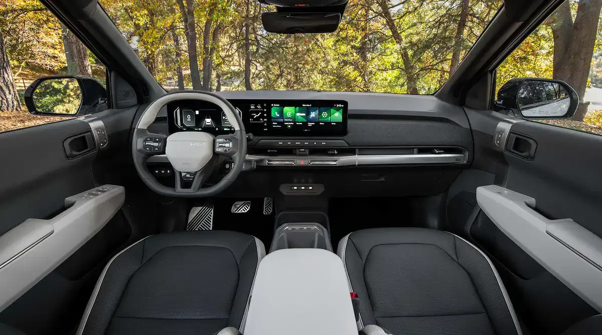 2027 Kia EV3 Off-White and Gray SynTex seat trim with 3-spoke SynTex steering wheel