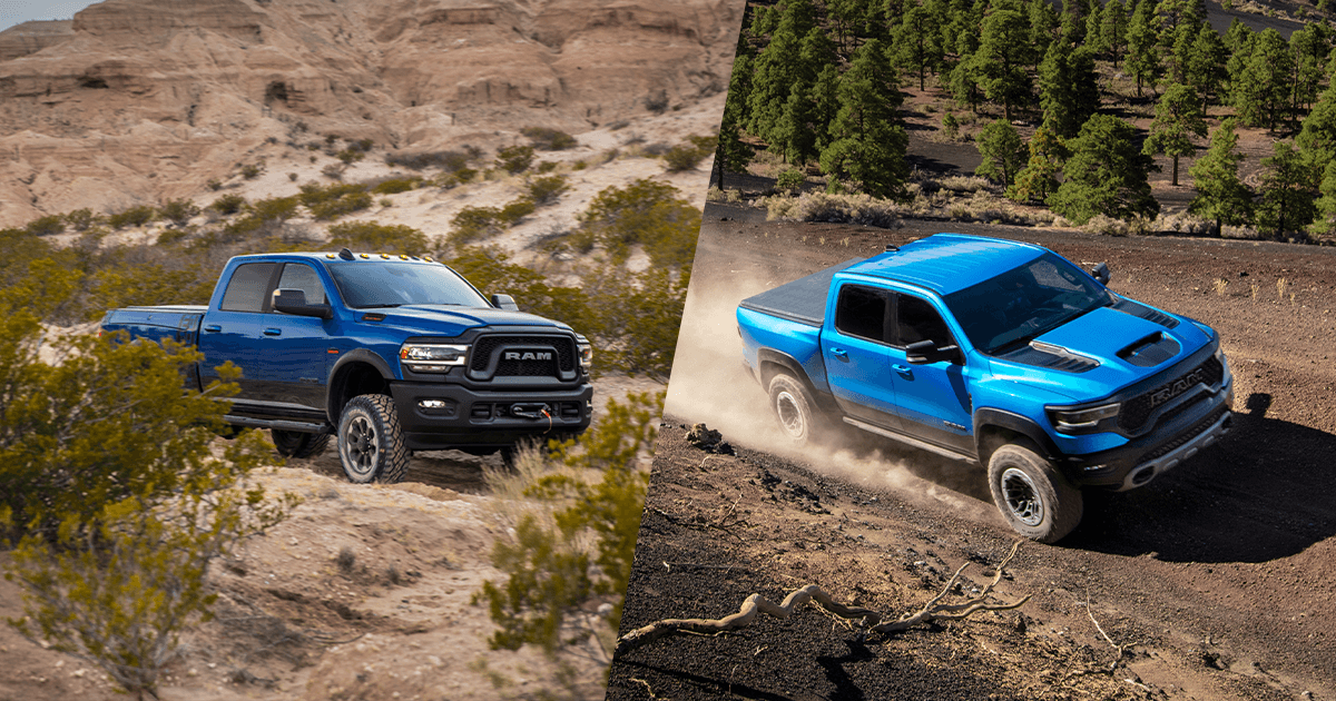 A blue Ram 1500 and a blue Ram 2500 in separate photos, both driving off-road in a desert.