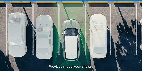 Overhead surround-view camera image of an Equinox in a parking area