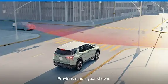 View of an Equinox with front pedestrian detection graphics on the road