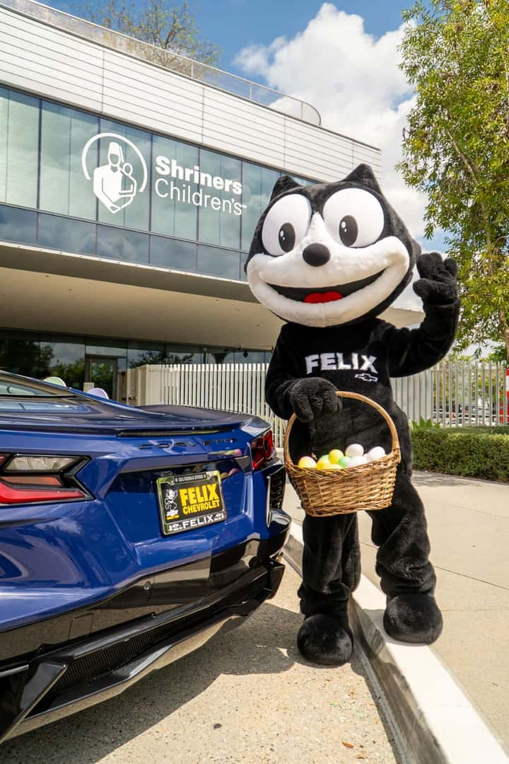 Felix the Cat representing Felix Chevrolet during a community visit to Shriners Children's in Los Angeles