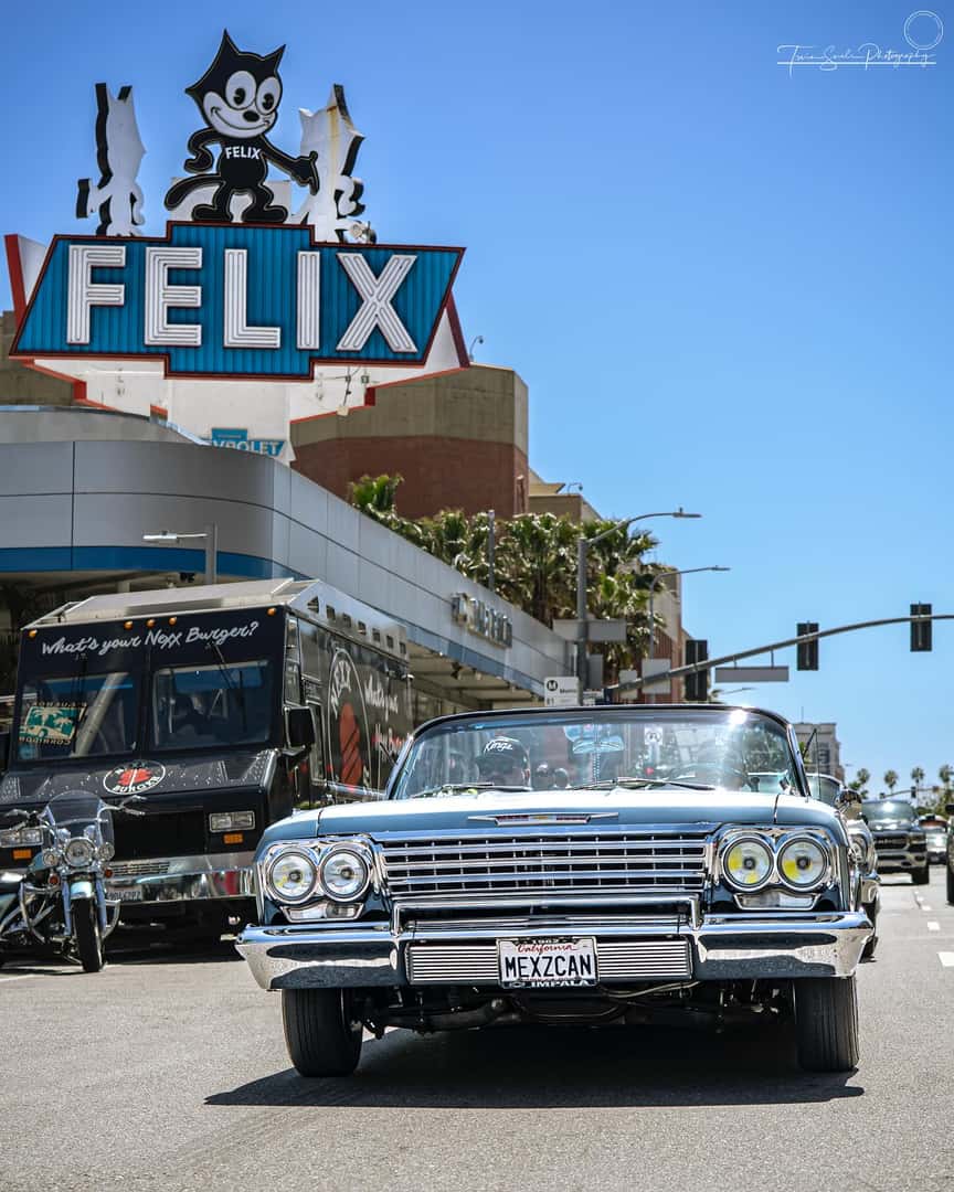 Classic cars outside Felix Chevrolet during the Los Angeles Classic Car Show