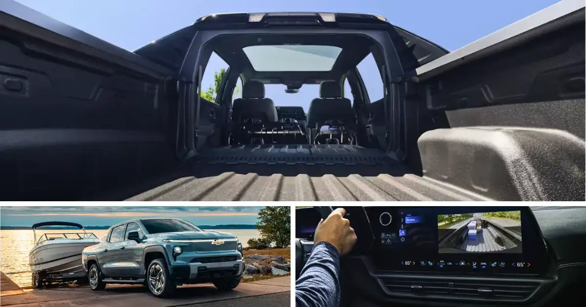 The multi-flex tailgate and 17-inch diagonal center infotainment of the 2026 Chevrolet Silverado EV