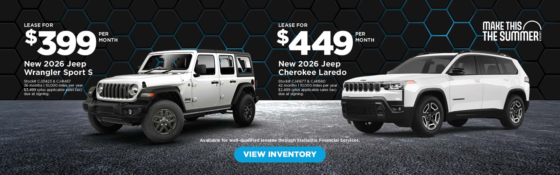 Jeep leases on New 2026 Jeep Cherokee and Wrangler SUVs