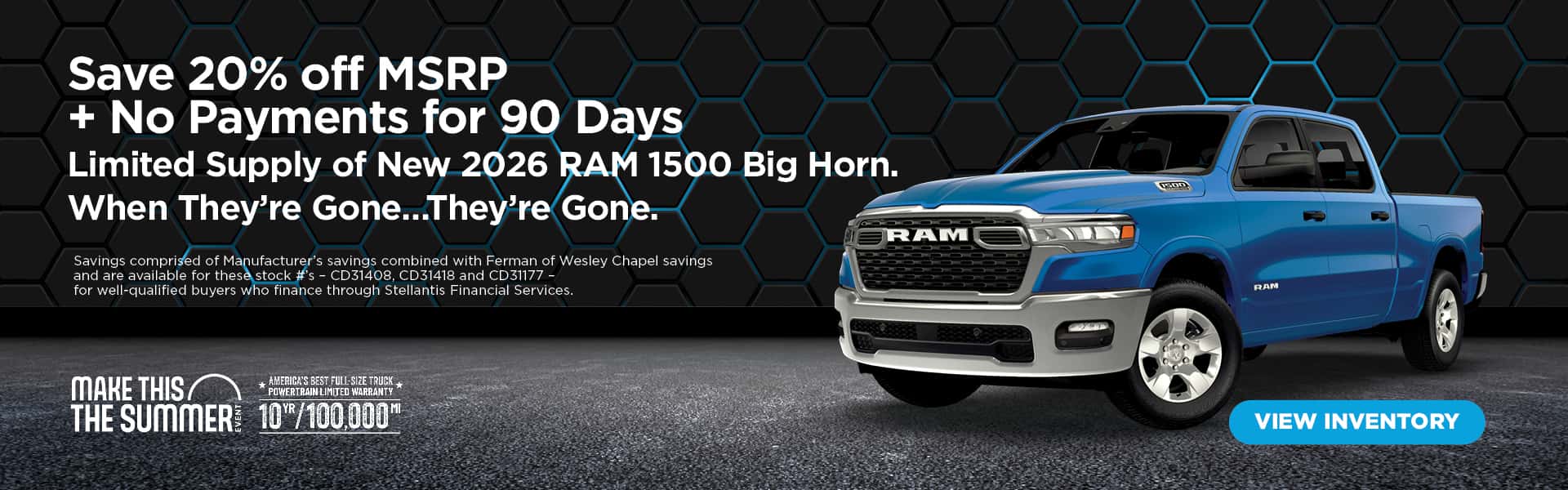 20% off MSRP plus no payments for 90 days on new 2026 RAM 1500 Big Horns