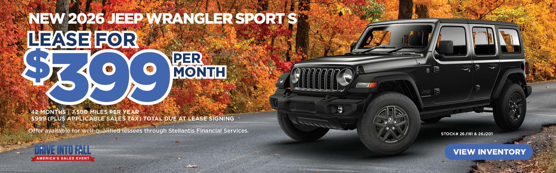 $399 per month lease available on New 2026 Jeep Wrangler Sport S